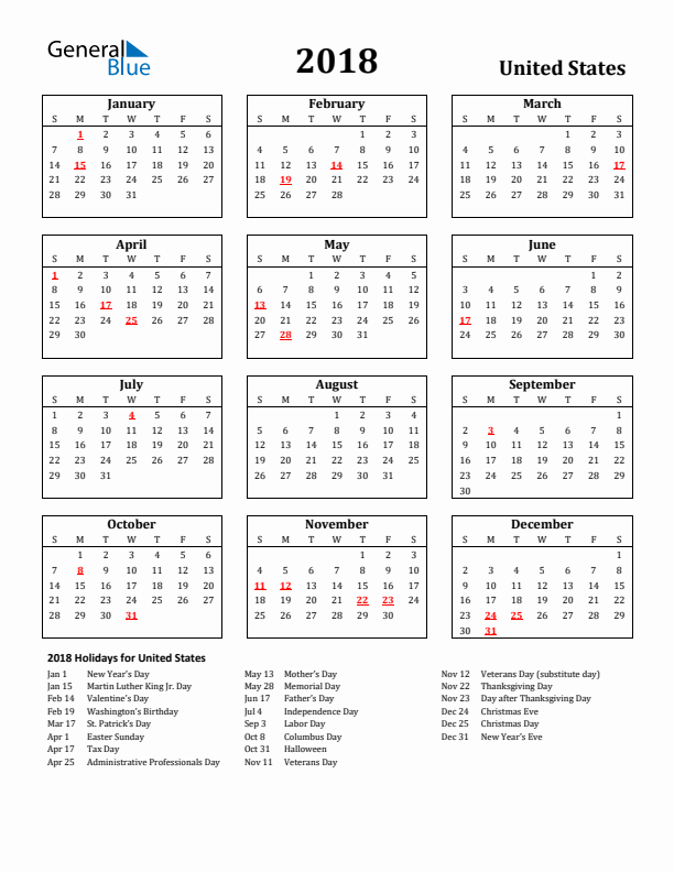 2018 United States Holiday Calendar - Sunday Start