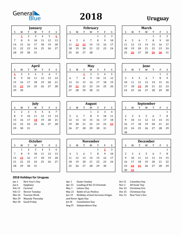 2018 Uruguay Holiday Calendar - Sunday Start