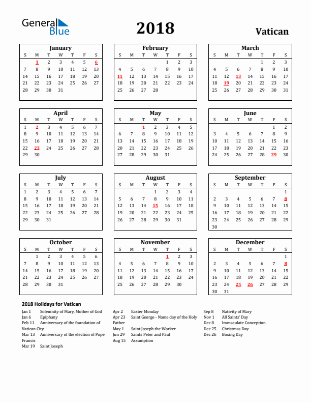 2018 Vatican Holiday Calendar - Sunday Start