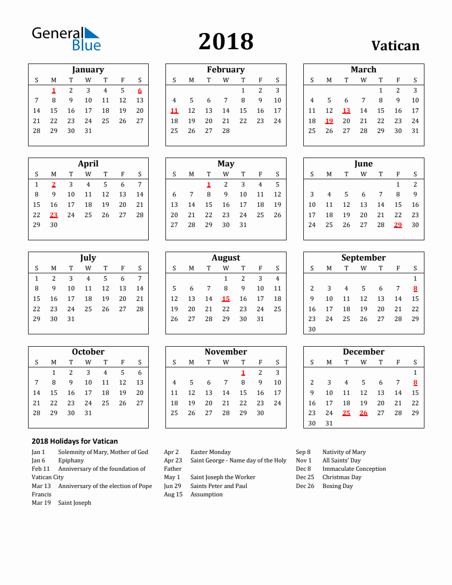 Free Printable 2018 Vatican Holiday Calendar