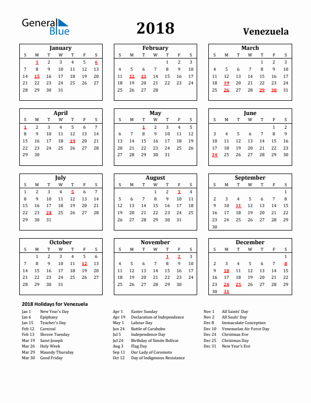 2018 Venezuela Holiday Calendar - Sunday Start