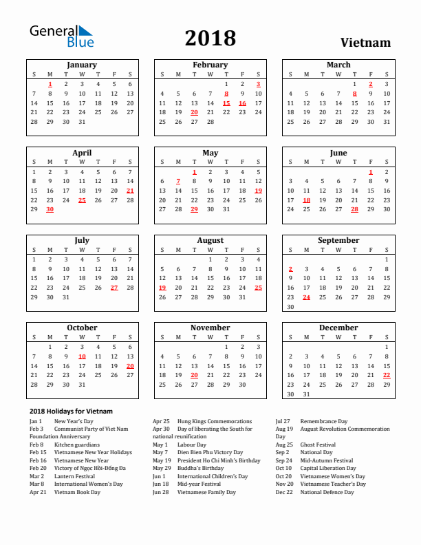 2018 Vietnam Holiday Calendar - Sunday Start