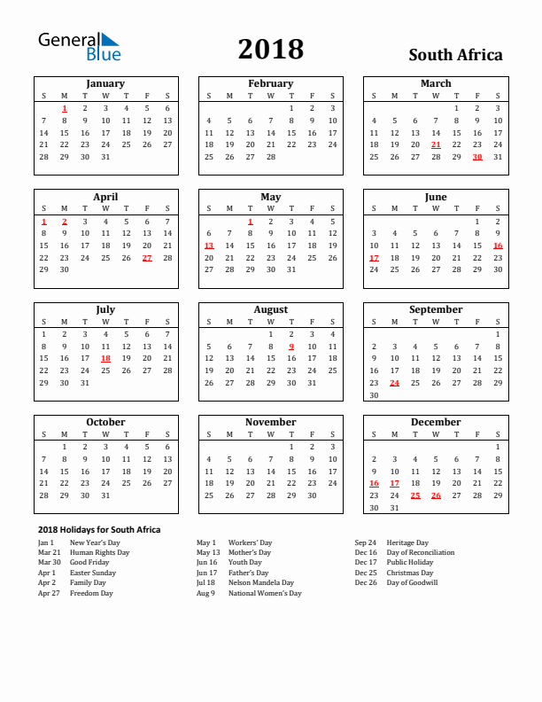 2018 South Africa Holiday Calendar - Sunday Start
