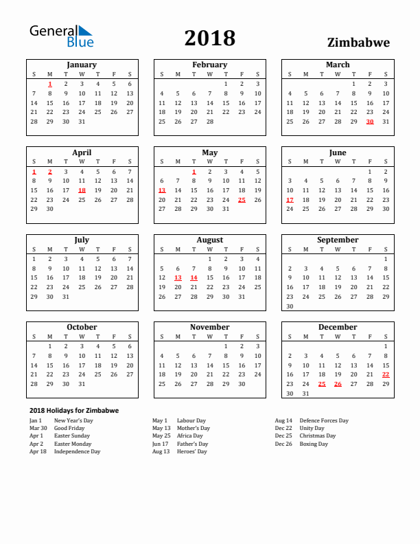 2018 Zimbabwe Holiday Calendar - Sunday Start