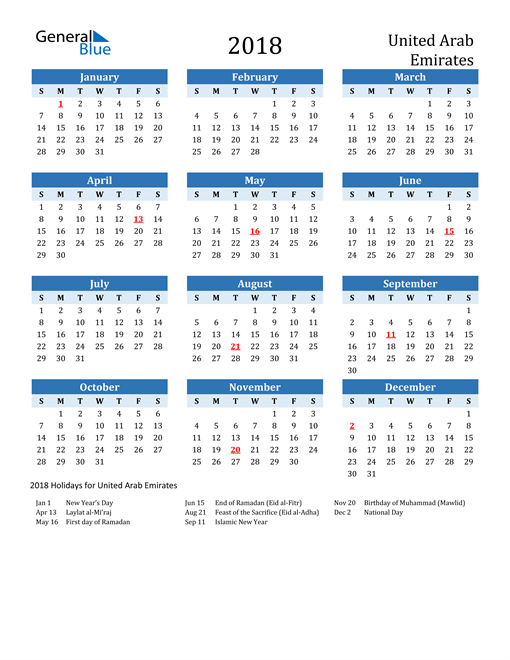 Printable Calendar 2018 with United Arab Emirates Holidays