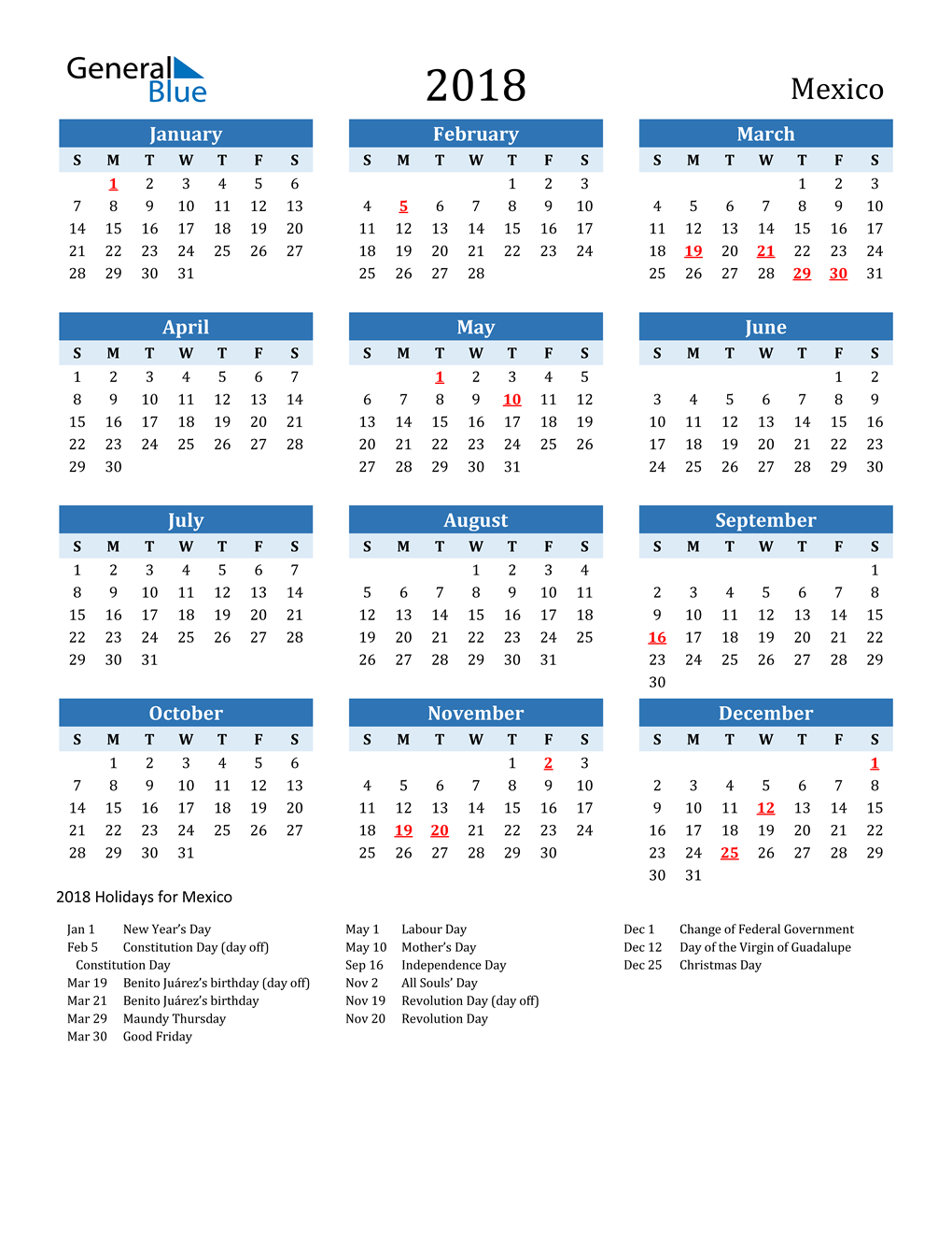 2018 Mexico Calendar with Holidays