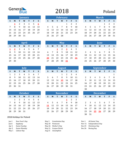 2018 Poland Calendar with Holidays