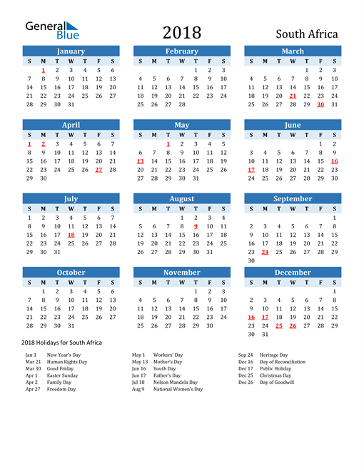 Printable Calendar 2018 with South Africa Holidays