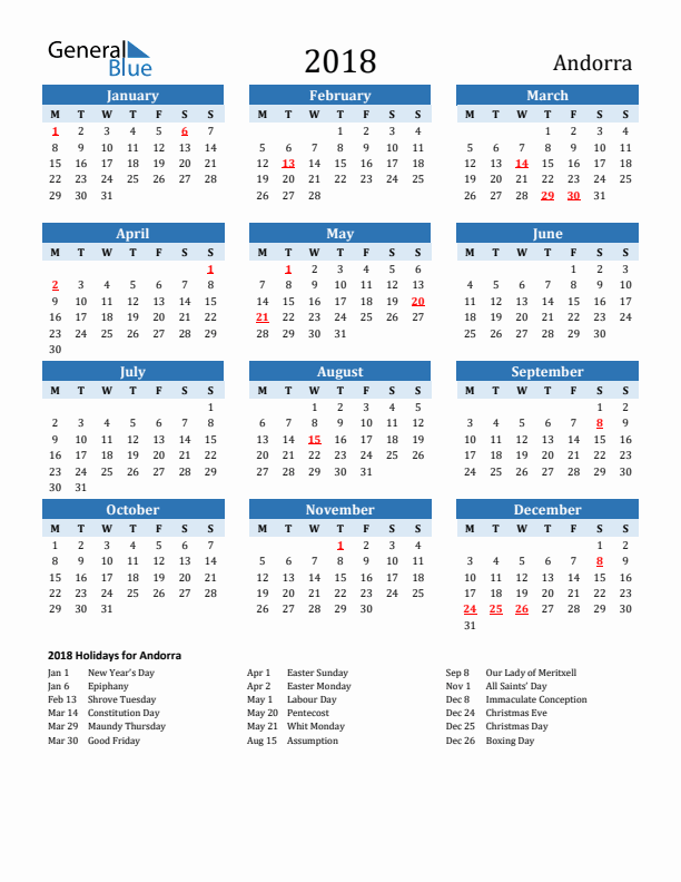 Printable Calendar 2018 with Andorra Holidays (Monday Start)