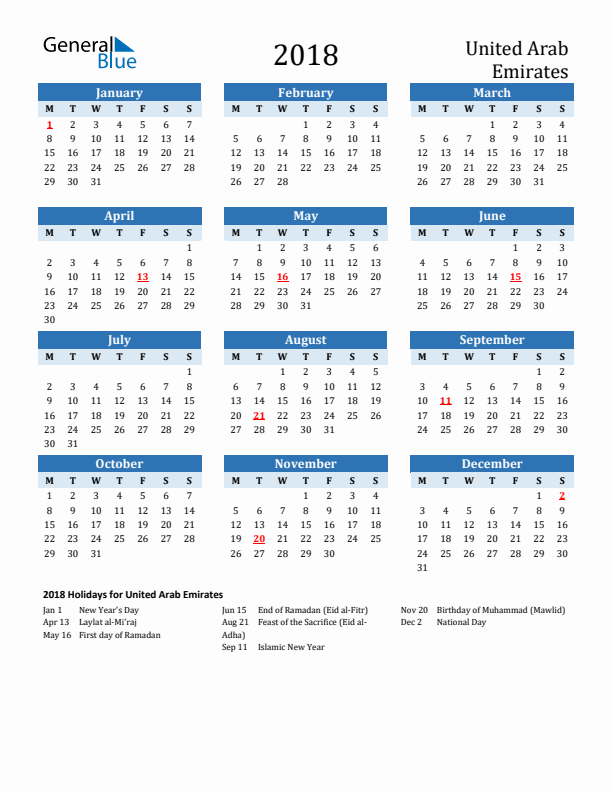 Printable Calendar 2018 with United Arab Emirates Holidays (Monday Start)
