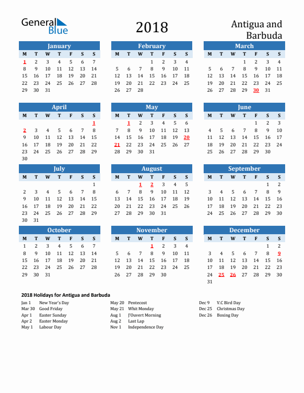Printable Calendar 2018 with Antigua and Barbuda Holidays (Monday Start)