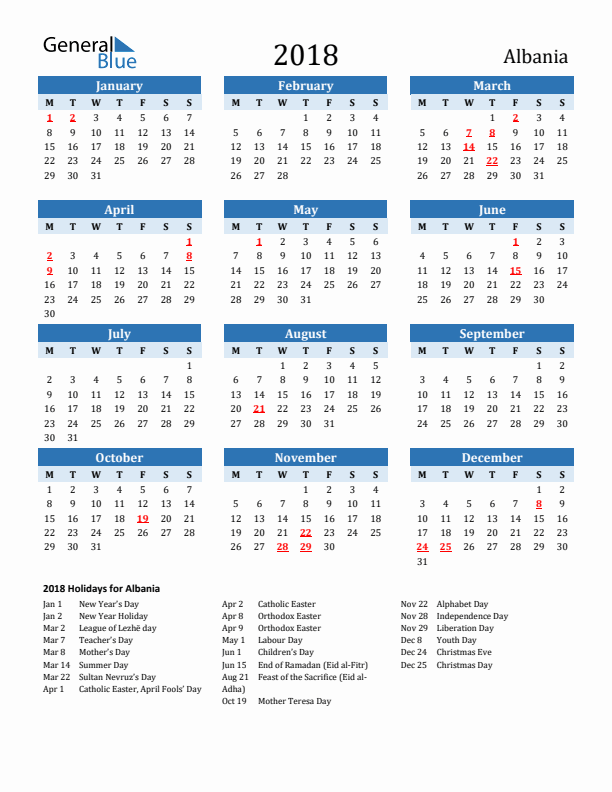 Printable Calendar 2018 with Albania Holidays (Monday Start)