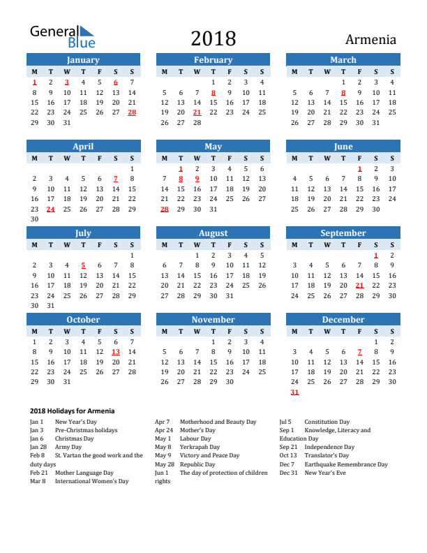 Printable Calendar 2018 with Armenia Holidays (Monday Start)