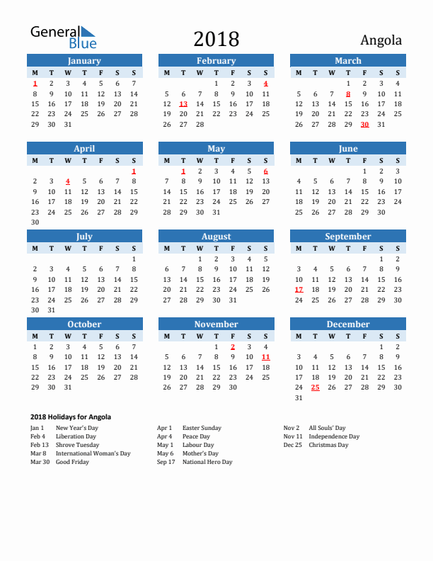 Printable Calendar 2018 with Angola Holidays (Monday Start)