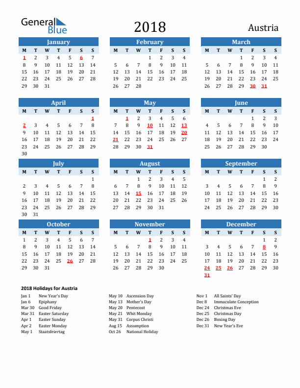 Printable Calendar 2018 with Austria Holidays (Monday Start)