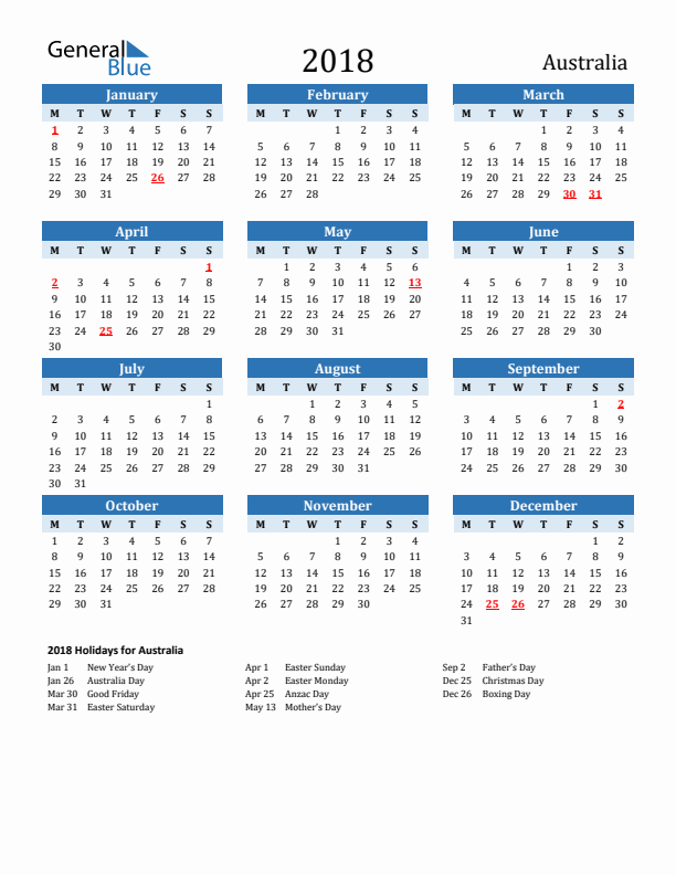 Printable Calendar 2018 with Australia Holidays (Monday Start)