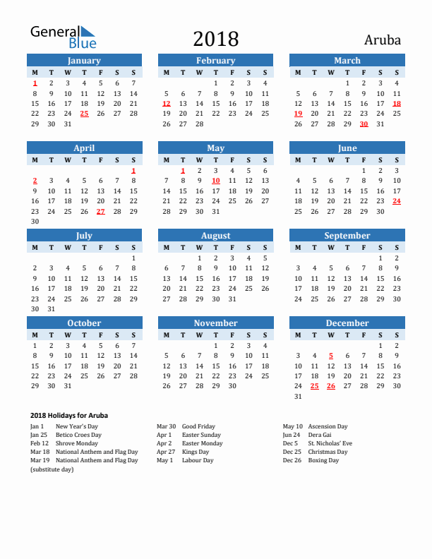 Printable Calendar 2018 with Aruba Holidays (Monday Start)