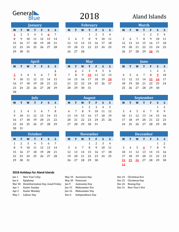 Printable Calendar 2018 with Aland Islands Holidays (Monday Start)