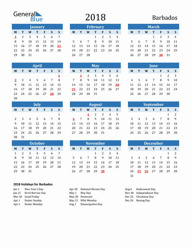 Printable Calendar 2018 with Barbados Holidays (Monday Start)