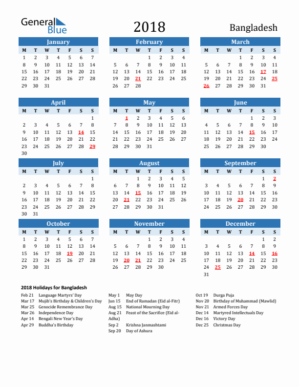 Printable Calendar 2018 with Bangladesh Holidays (Monday Start)