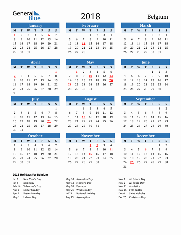 Printable Calendar 2018 with Belgium Holidays (Monday Start)