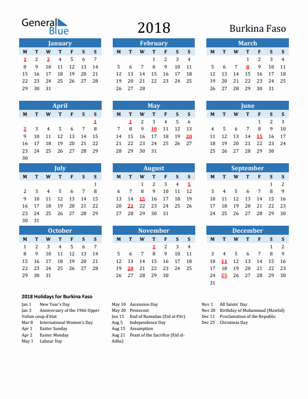 Printable Calendar 2018 with Burkina Faso Holidays (Monday Start)