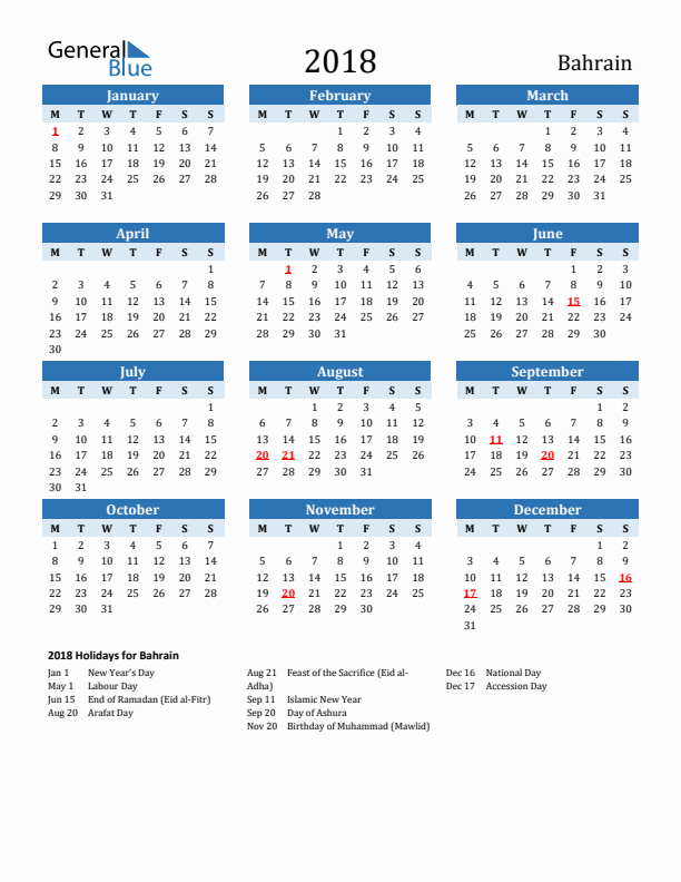Printable Calendar 2018 with Bahrain Holidays (Monday Start)
