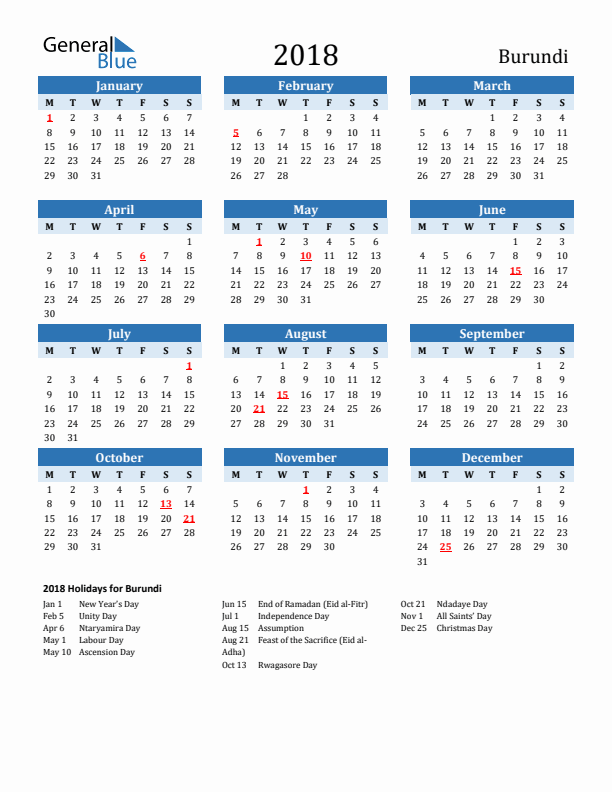 Printable Calendar 2018 with Burundi Holidays (Monday Start)