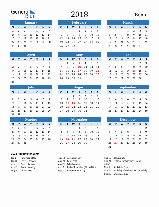 Printable Calendar 2018 with Benin Holidays (Monday Start)