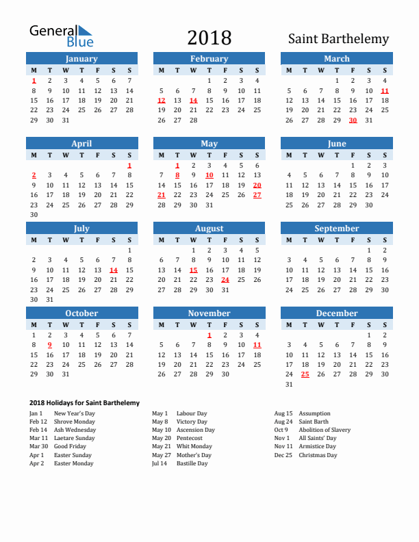 Printable Calendar 2018 with Saint Barthelemy Holidays (Monday Start)