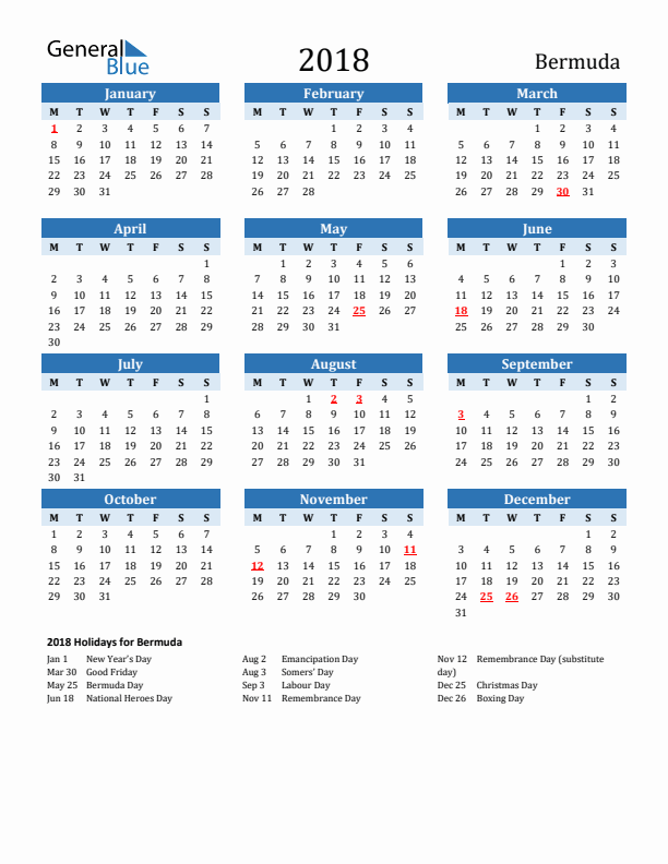 Printable Calendar 2018 with Bermuda Holidays (Monday Start)