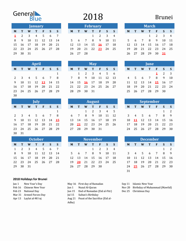 Printable Calendar 2018 with Brunei Holidays (Monday Start)