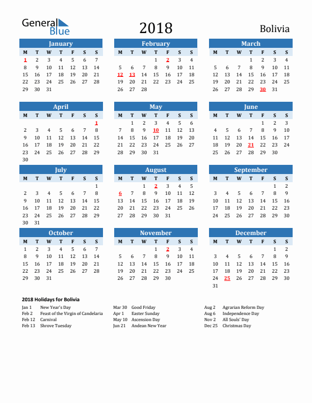Printable Calendar 2018 with Bolivia Holidays (Monday Start)