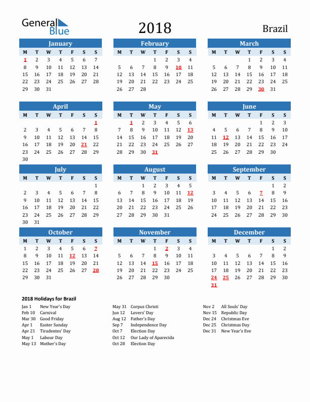 Printable Calendar 2018 with Brazil Holidays (Monday Start)