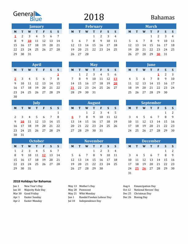 Printable Calendar 2018 with Bahamas Holidays (Monday Start)