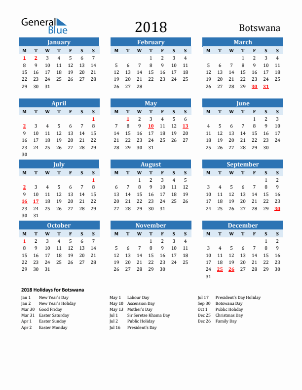 Printable Calendar 2018 with Botswana Holidays (Monday Start)