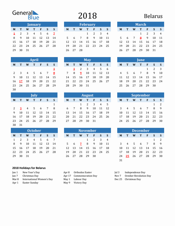 Printable Calendar 2018 with Belarus Holidays (Monday Start)