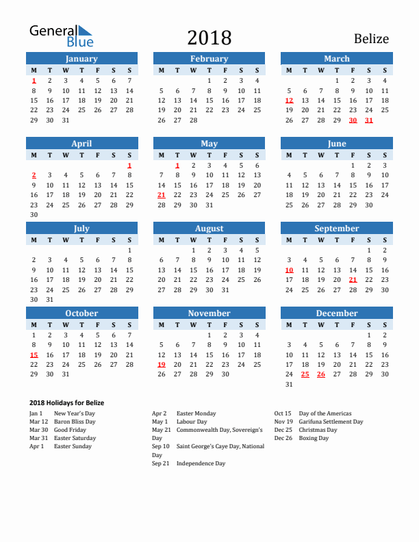 Printable Calendar 2018 with Belize Holidays (Monday Start)