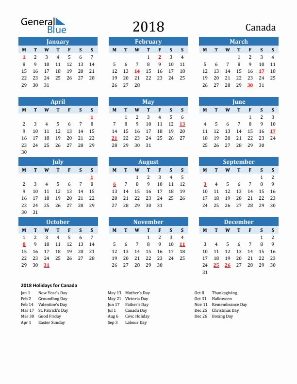Printable Calendar 2018 with Canada Holidays (Monday Start)