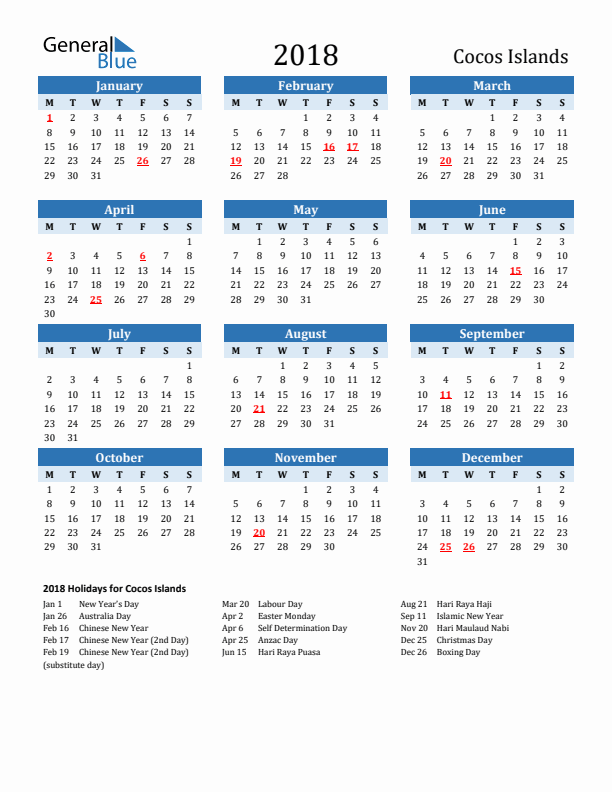 Printable Calendar 2018 with Cocos Islands Holidays (Monday Start)