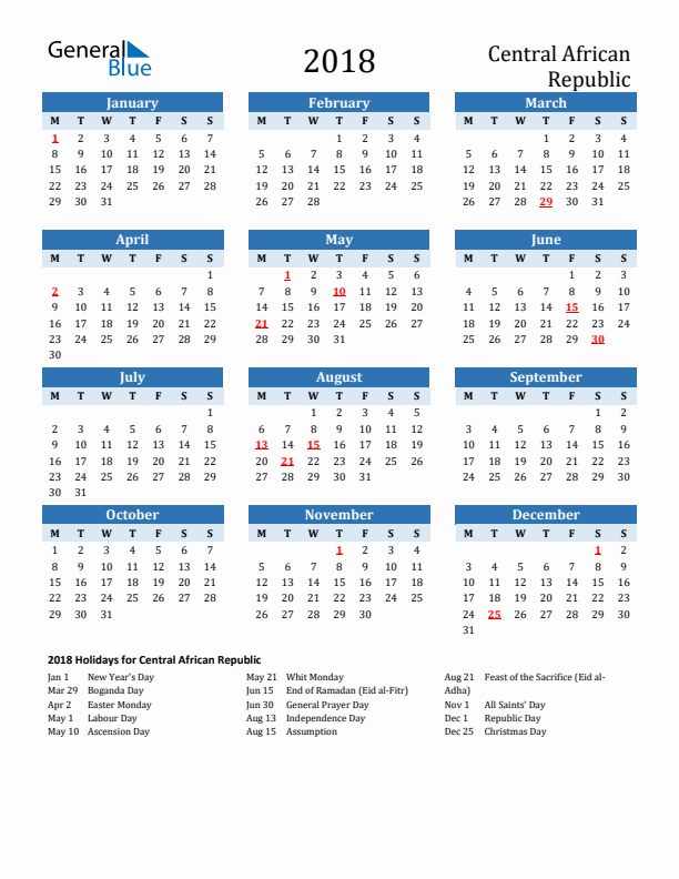 Printable Calendar 2018 with Central African Republic Holidays (Monday Start)