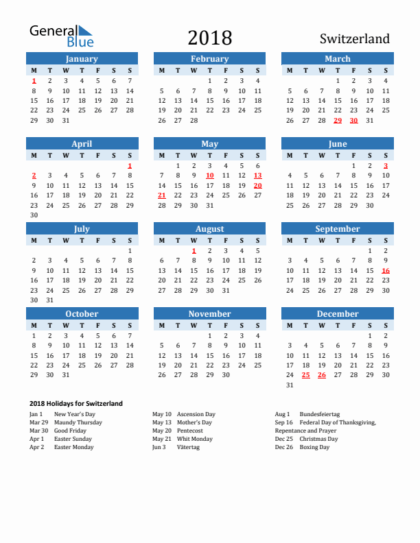 Printable Calendar 2018 with Switzerland Holidays (Monday Start)