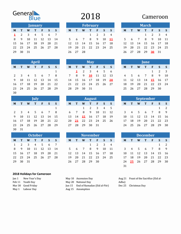 Printable Calendar 2018 with Cameroon Holidays (Monday Start)