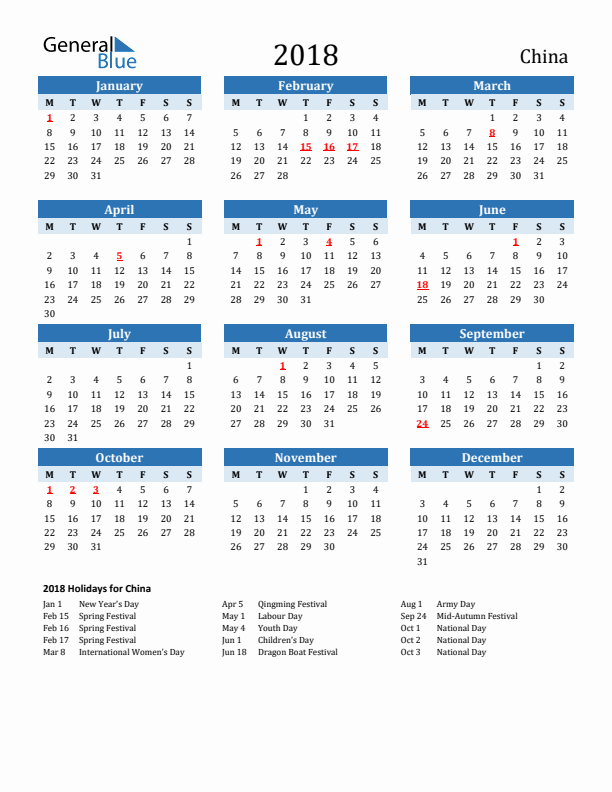 Printable Calendar 2018 with China Holidays (Monday Start)