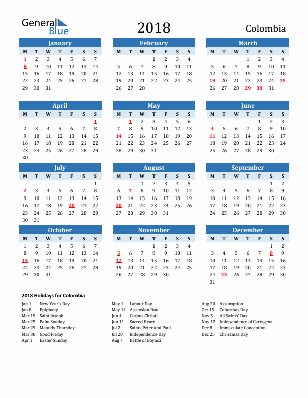 Printable Calendar 2018 with Colombia Holidays (Monday Start)