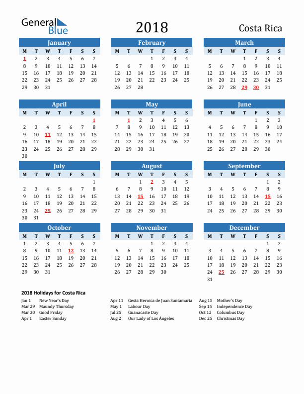 Printable Calendar 2018 with Costa Rica Holidays (Monday Start)