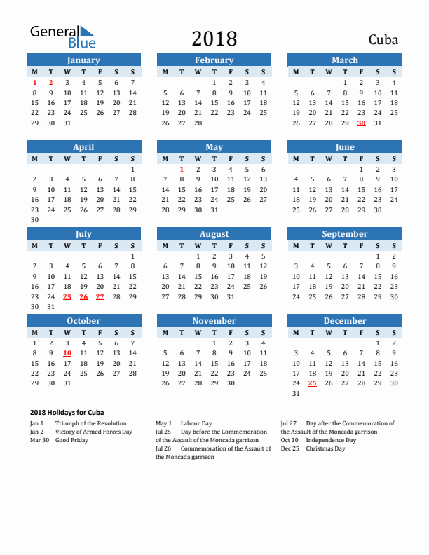 Printable Calendar 2018 with Cuba Holidays (Monday Start)