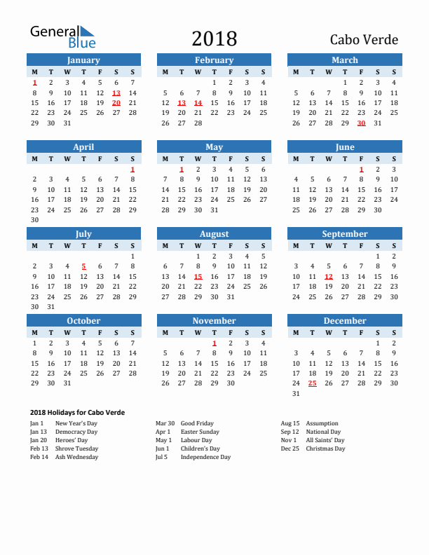 Printable Calendar 2018 with Cabo Verde Holidays (Monday Start)