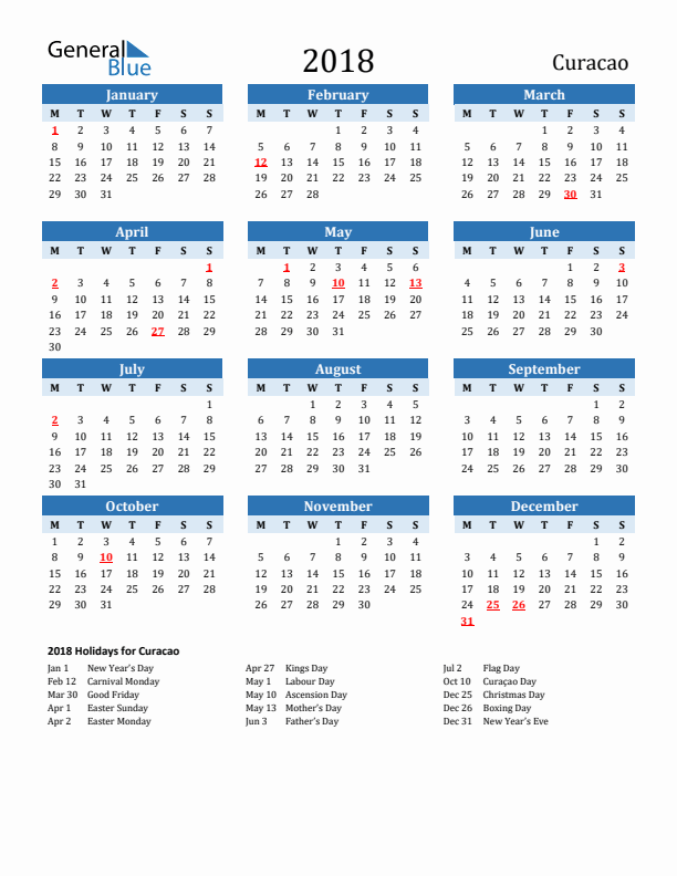 Printable Calendar 2018 with Curacao Holidays (Monday Start)