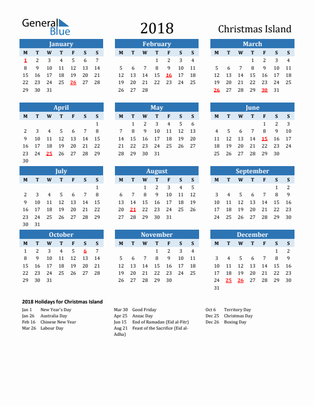 Printable Calendar 2018 with Christmas Island Holidays (Monday Start)